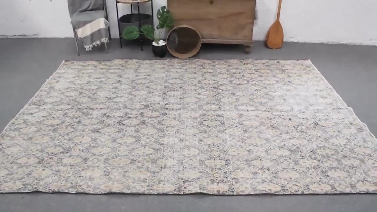 トルコ　ヴィンテージラグ　グレー ヴィンテージトルコ絨毯、6.7×9.5フィート、グレーチェック柄ウール